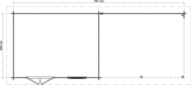 Trädgårdshus Karlshamn - 8x3m (24 kvm) - Brun Tryckimpregnerat – Teknisk ritning uppifrån som visar yttermått.