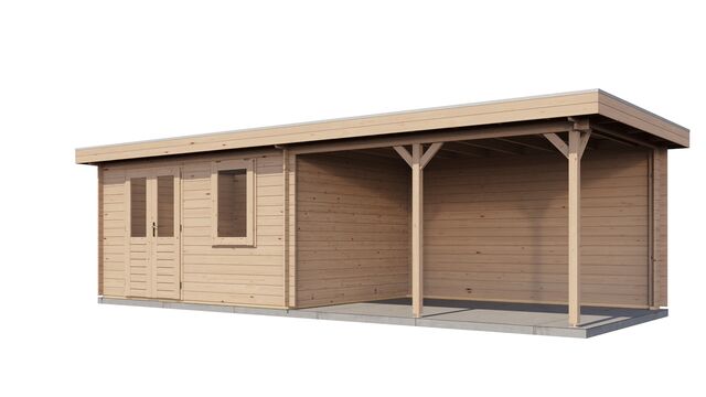 Trädgårdshus Karlshamn - 8x3m (24 kvm) - Obehandlat – Sned sidovy med dörr och fönster synliga.