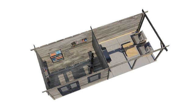 Trädgårdshus Karlshamn - 8x3m (24 kvm) - Grå Tryckimpregnerat – 3D-vy ovanifrån av interiören med hyllor och verktyg.