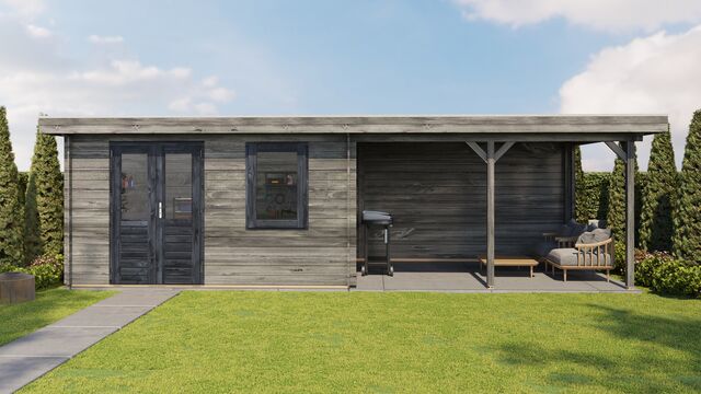 Trädgårdshus Karlshamn - 8x3m (24 kvm) - Grå Tryckimpregnerat – Sidovy med stängt fönster och tydlig träpanel.