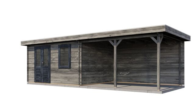 Trädgårdshus Karlshamn - 8x3m (24 kvm) - Grå Tryckimpregnerat – Sned bakifrån vy som visar förrådets trästruktur och kompakta form.