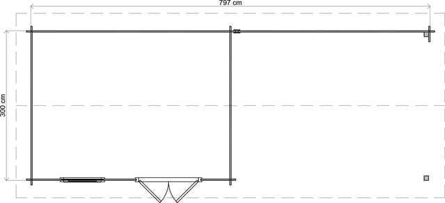 Trädgårdshus Åmål - 8x3m (24 kvm) - Brun Tryckimpregnerat – Teknisk ritning uppifrån som visar yttermått.