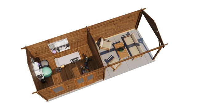 Trädgårdshus Åmål - 8x3m (24 kvm) - Brun Tryckimpregnerat – 3D-vy ovanifrån av interiören med hyllor och verktyg.