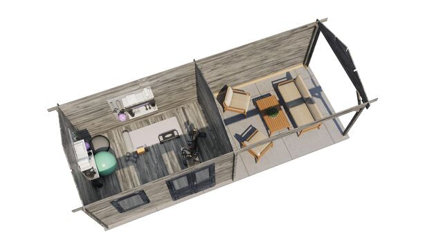 Trädgårdshus Åmål - 8x3m (24 kvm) - Grå Tryckimpregnerat – 3D-vy ovanifrån av interiören med hyllor och verktyg.