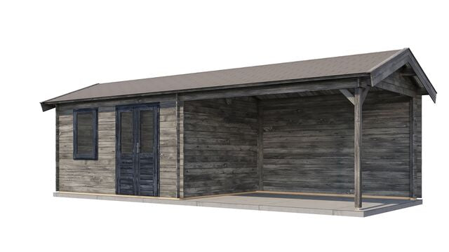 Trädgårdshus Åmål - 8x3m (24 kvm) - Grå Tryckimpregnerat – Sned bakifrån vy som visar förrådets trästruktur och kompakta form.