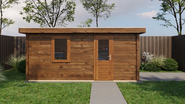 Förråd Falkenberg - 5x3,5m (17,5kvm) - Brun Tryckimpregnerat – Sidovy med stängt fönster och tydlig träpanel.