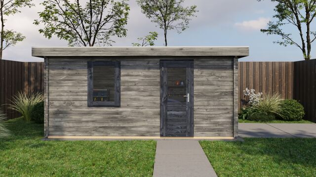 Förråd Falkenberg - 5x3,5m (17,5kvm) - Grå Tryckimpregnerat – Sidovy med stängt fönster och tydlig träpanel.