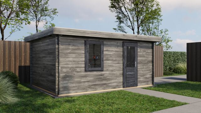 Förråd Falkenberg - 5x3,5m (17,5kvm) - Grå Tryckimpregnerat – Sned sidovy som visar fönstrets placering och bakre vägg.