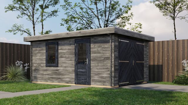 Förråd Falkenberg - 5x3,5m (17,5kvm) - Grå Tryckimpregnerat – Rakt framifrån fasadvy med dörr och fönster i stängt läge.