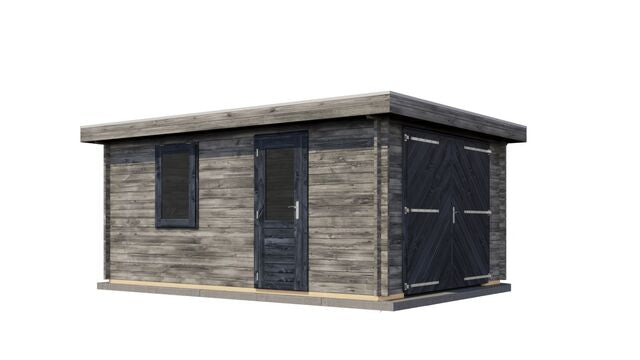 Förråd Falkenberg - 5x3,5m (17,5kvm) - Grå Tryckimpregnerat – Sned bakifrån vy som visar förrådets trästruktur och kompakta form.