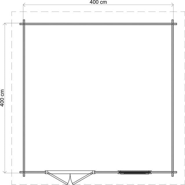 Förråd Hudiksvall - 4x4m (16 kvm) - Grå Tryckimpregnerat – Teknisk ritning uppifrån som visar yttermått.