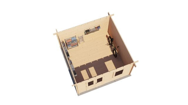 Förråd Hudiksvall - 4x4m (16 kvm) - Obehandlat – 3D-vy av interiör med förvaring.