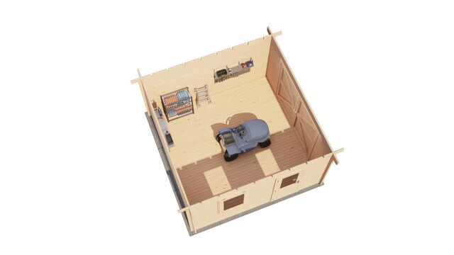 Förråd Landskrona - 4x4m (16kvm) - Obehandlat – 3D-vy av interiör med förvaring.