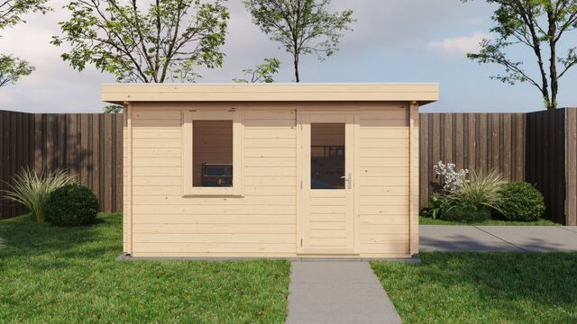 Förråd Landskrona - 4x4m (16kvm) - Obehandlat – Vy från sidan med stängd dörr.