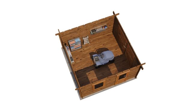 Förråd Landskrona - 4x4m (16kvm) - Brun Tryckimpregnerat – 3D-vy ovanifrån av interiören med hyllor och verktyg.