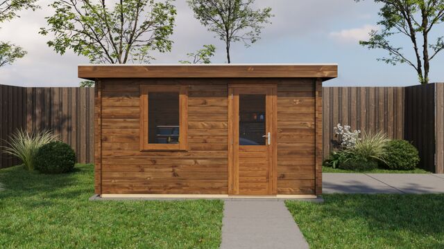 Förråd Landskrona - 4x4m (16kvm) - Brun Tryckimpregnerat – Sidovy med stängt fönster och tydlig träpanel.