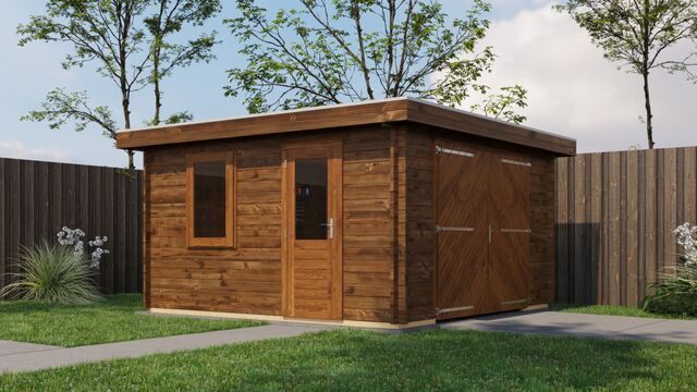 Förråd Landskrona - 4x4m (16kvm) - Brun Tryckimpregnerat – Rakt framifrån fasadvy med dörr och fönster i stängt läge.