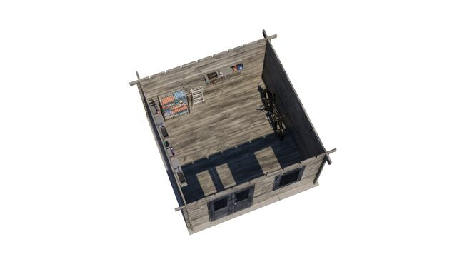 Förråd Hudiksvall - 4x4m (16 kvm) - Grå Tryckimpregnerat – 3D-vy ovanifrån av interiören med hyllor och verktyg.