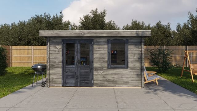 Förråd Hudiksvall - 4x4m (16 kvm) - Grå Tryckimpregnerat – Sidovy med stängt fönster och tydlig träpanel.