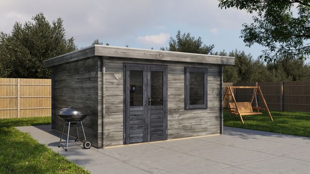 Förråd Hudiksvall - 4x4m (16 kvm) - Grå Tryckimpregnerat – Sned sidovy som visar fönstrets placering och bakre vägg.