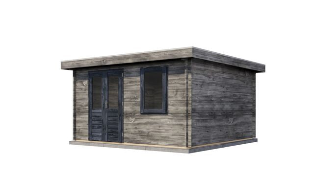 Förråd Hudiksvall - 4x4m (16 kvm) - Grå Tryckimpregnerat – Sned bakifrån vy som visar förrådets trästruktur och kompakta form.