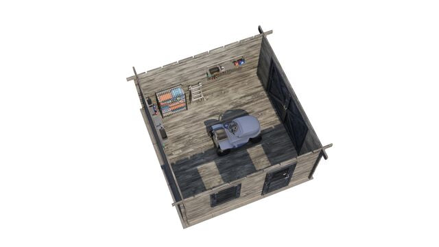 Förråd Landskrona - 4x4m (16kvm) - Grå Tryckimpregnerat – 3D-vy ovanifrån av interiören med hyllor och verktyg.