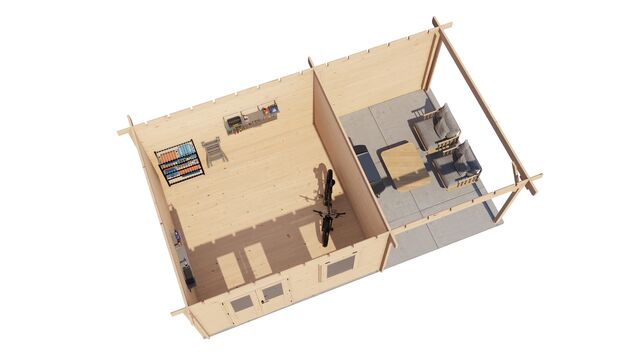 Trädgårdshus Katrineholm - 7x4m (28 kvm) - Obehandlat – 3D-vy av interiör med förvaring.