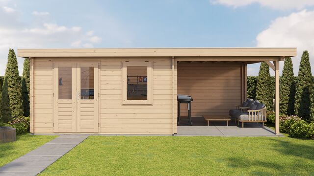 Trädgårdshus Katrineholm - 7x4m (28 kvm) - Obehandlat – Vy från sidan med stängd dörr.