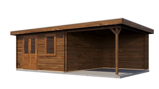 Trädgårdshus Katrineholm - 7x4m (28 kvm) - Brun Tryckimpregnerat – Sned bakifrån vy som visar förrådets trästruktur och kompakta form.