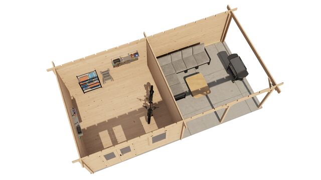 Trädgårdshus Ängelholm - 8x4m (32kvm) - Obehandlat – 3D-vy av interiör med förvaring.