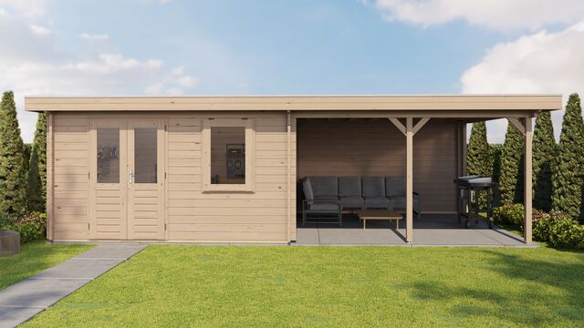 Trädgårdshus Ängelholm - 8x4m (32kvm) - Obehandlat – Vy från sidan med stängd dörr.