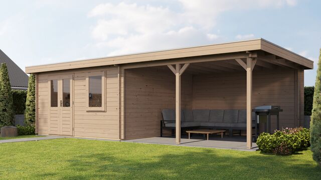 Trädgårdshus Ängelholm - 8x4m (32kvm) - Obehandlat – Rakt framifrån där fasaden syns tydligt.