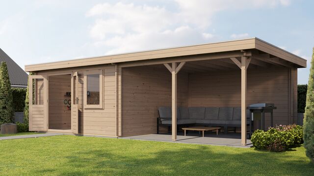 Trädgårdshus Ängelholm - 8x4m (32kvm) - Obehandlat – Framifrån vy av förrådet i trädgårdsmiljö.