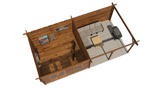 Trädgårdshus Ängelholm - 8x4m (32kvm) - Brun Tryckimpregnerat – 3D-vy ovanifrån av interiören med hyllor och verktyg.