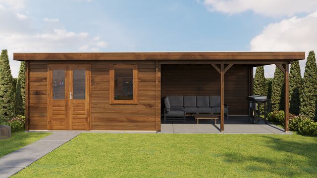 Trädgårdshus Ängelholm - 8x4m (32kvm) - Brun Tryckimpregnerat – Sidovy med stängt fönster och tydlig träpanel.