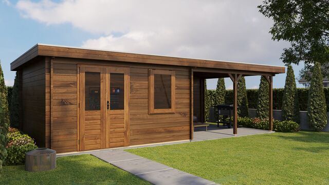 Trädgårdshus Ängelholm - 8x4m (32kvm) - Brun Tryckimpregnerat – Sned sidovy som visar fönstrets placering och bakre vägg.