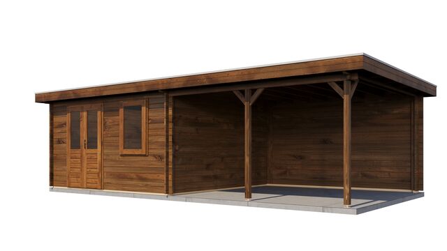 Trädgårdshus Ängelholm - 8x4m (32kvm) - Brun Tryckimpregnerat – Sned bakifrån vy som visar förrådets trästruktur och kompakta form.