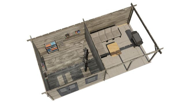 Trädgårdshus Ängelholm - 8x4m (32kvm) - Grå Tryckimpregnerat – 3D-vy ovanifrån av interiören med hyllor och verktyg.