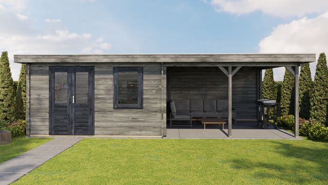 Trädgårdshus Ängelholm - 8x4m (32kvm) - Grå Tryckimpregnerat – Sidovy med stängt fönster och tydlig träpanel.