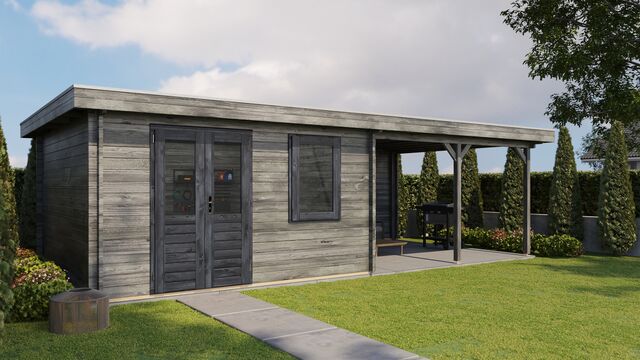 Trädgårdshus Ängelholm - 8x4m (32kvm) - Grå Tryckimpregnerat – Sned sidovy som visar fönstrets placering och bakre vägg.