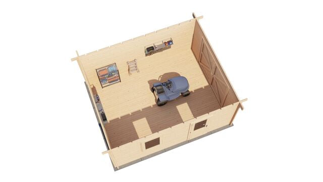 Förråd Värnamo - 5x4m (20kvm) - Obehandlat – 3D-vy av interiör med förvaring.