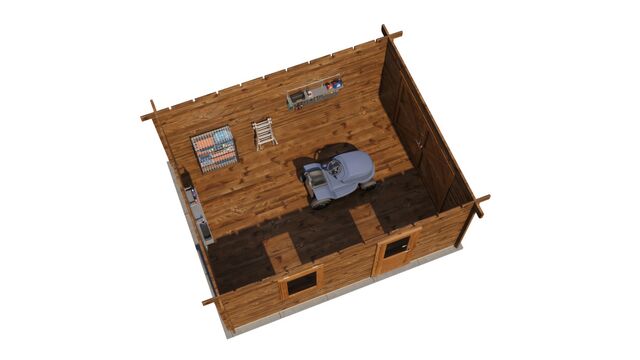 Förråd Värnamo - 5x4m (20kvm) - Brun Tryckimpregnerat – 3D-vy ovanifrån av interiören med hyllor och verktyg.