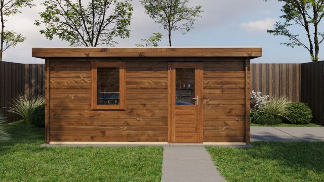 Förråd Värnamo - 5x4m (20kvm) - Brun Tryckimpregnerat – Sidovy med stängt fönster och tydlig träpanel.