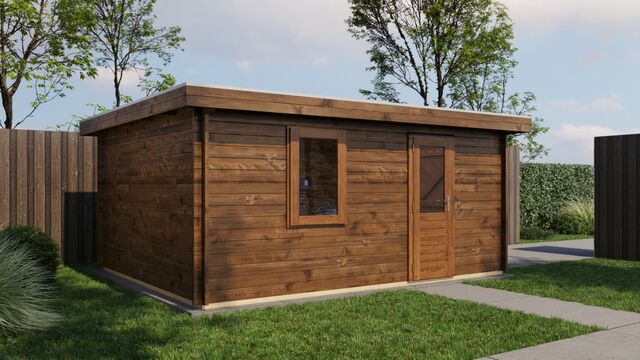 Förråd Värnamo - 5x4m (20kvm) - Brun Tryckimpregnerat – Sned sidovy som visar fönstrets placering och bakre vägg.