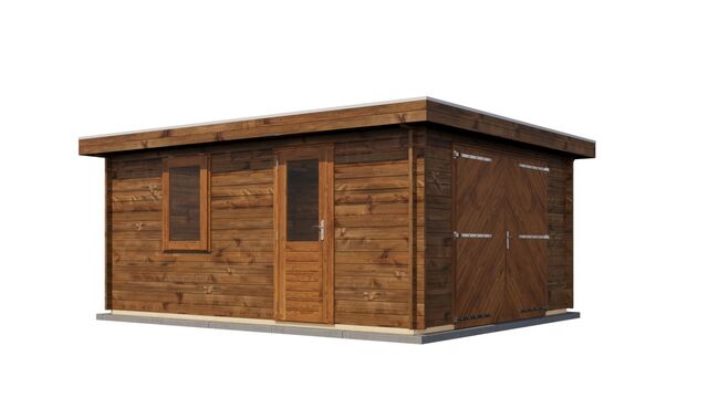 Förråd Värnamo - 5x4m (20kvm) - Brun Tryckimpregnerat – Sned bakifrån vy som visar förrådets trästruktur och kompakta form.