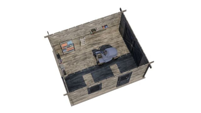 Förråd Värnamo - 5x4m (20kvm) - Grå Tryckimpregnerat – 3D-vy ovanifrån av interiören med hyllor och verktyg.