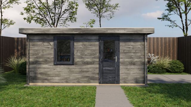 Förråd Värnamo - 5x4m (20kvm) - Grå Tryckimpregnerat – Sidovy med stängt fönster och tydlig träpanel.