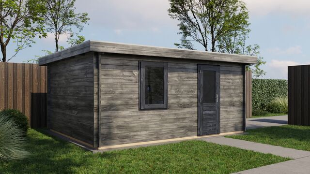 Förråd Värnamo - 5x4m (20kvm) - Grå Tryckimpregnerat – Sned sidovy som visar fönstrets placering och bakre vägg.