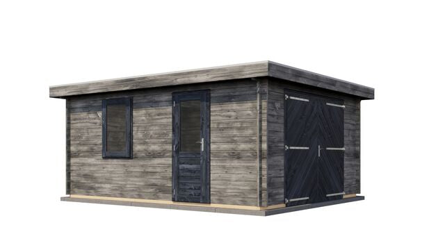 Förråd Värnamo - 5x4m (20kvm) - Grå Tryckimpregnerat – Sned bakifrån vy som visar förrådets trästruktur och kompakta form.