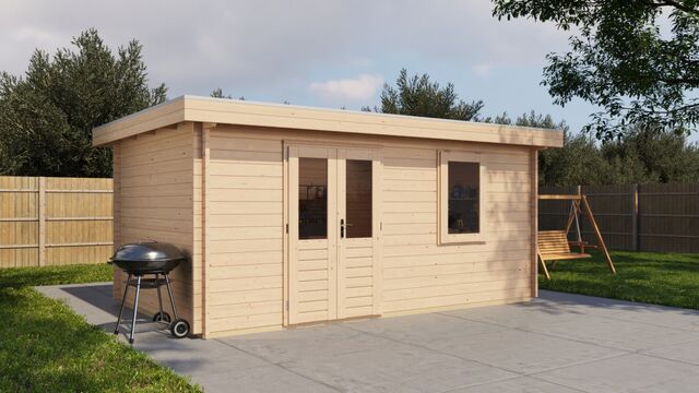 Förråd Mariestad - 5x3m (15kvm) - Obehandlat – Bakifrån vy som visar tak och bakvägg.